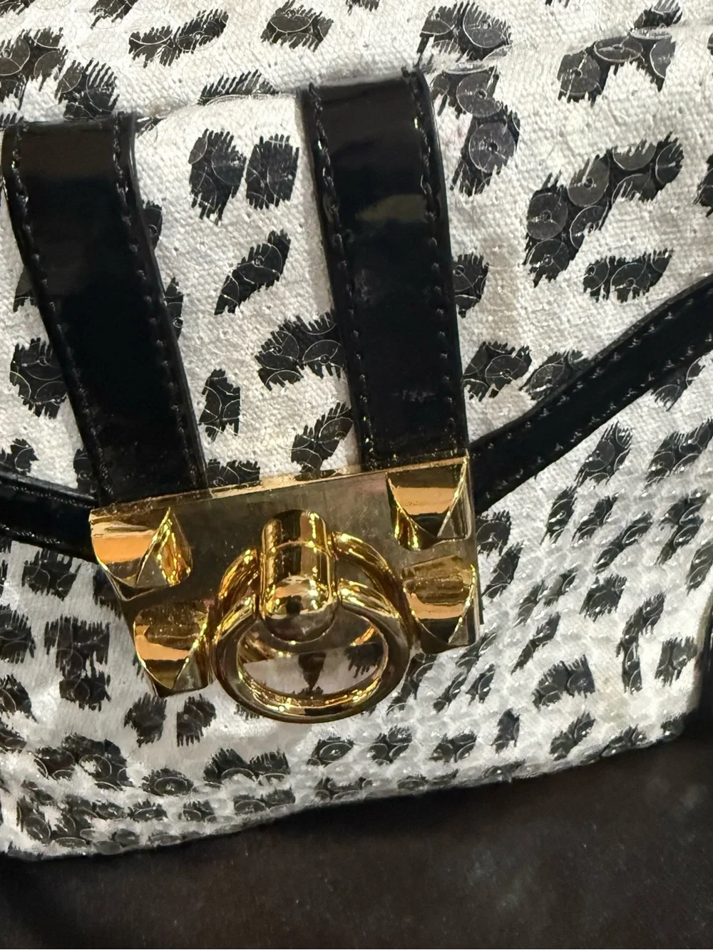 Betsey Johnson Black & White “Leopard Print Sequins” Satchel with Gold Hardwar